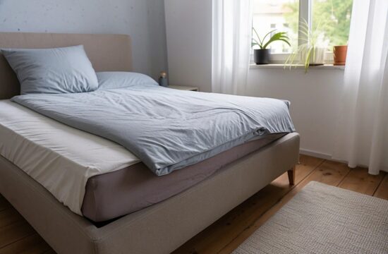 Aufgeschlagenes Bett mit sichtbarer Matratzenkante in einem hellen Schlafzimmer