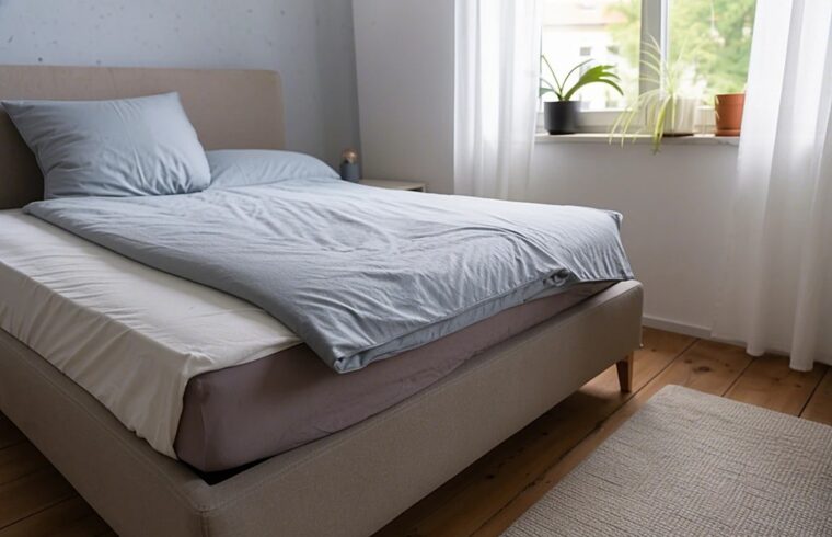 Aufgeschlagenes Bett mit sichtbarer Matratzenkante in einem hellen Schlafzimmer