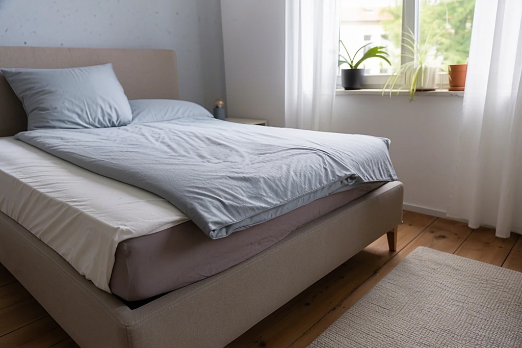 Aufgeschlagenes Bett mit sichtbarer Matratzenkante in einem hellen Schlafzimmer